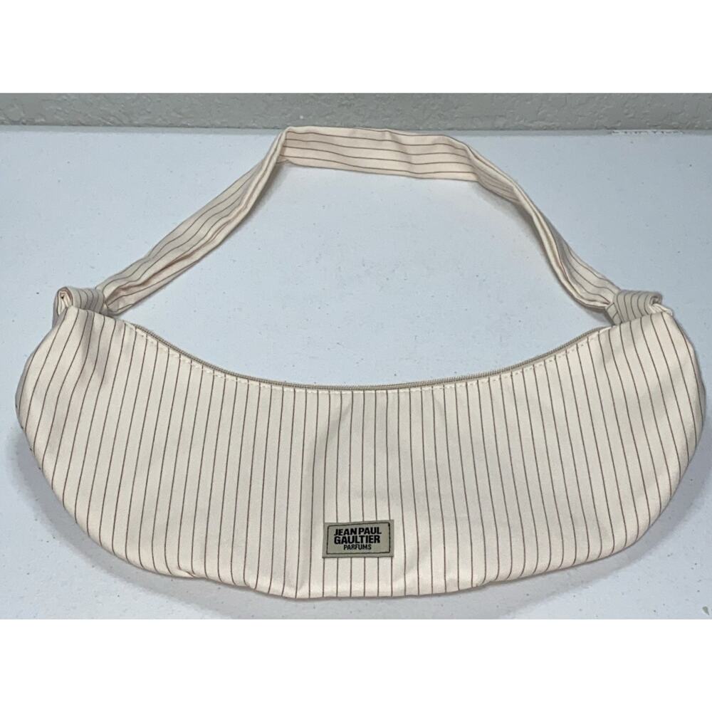 Jean Paul Gaultier Parfums Beige Pink Striped Zippered Hobo Shoulder Bag Purse